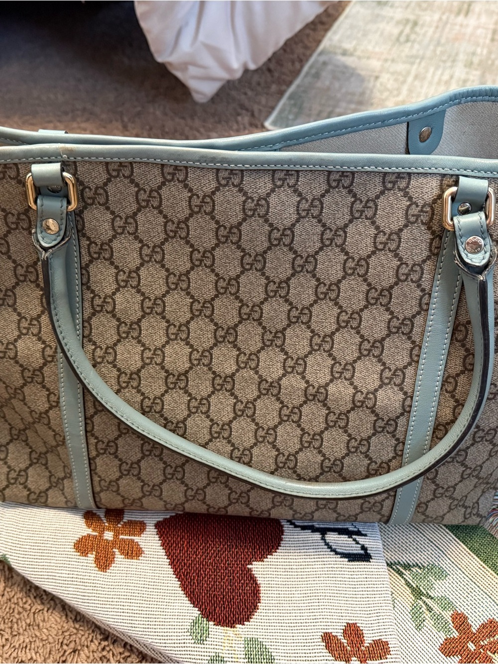 Gucci Beige GG Canvas Tote with Blue Trim - Picture 3 of 6